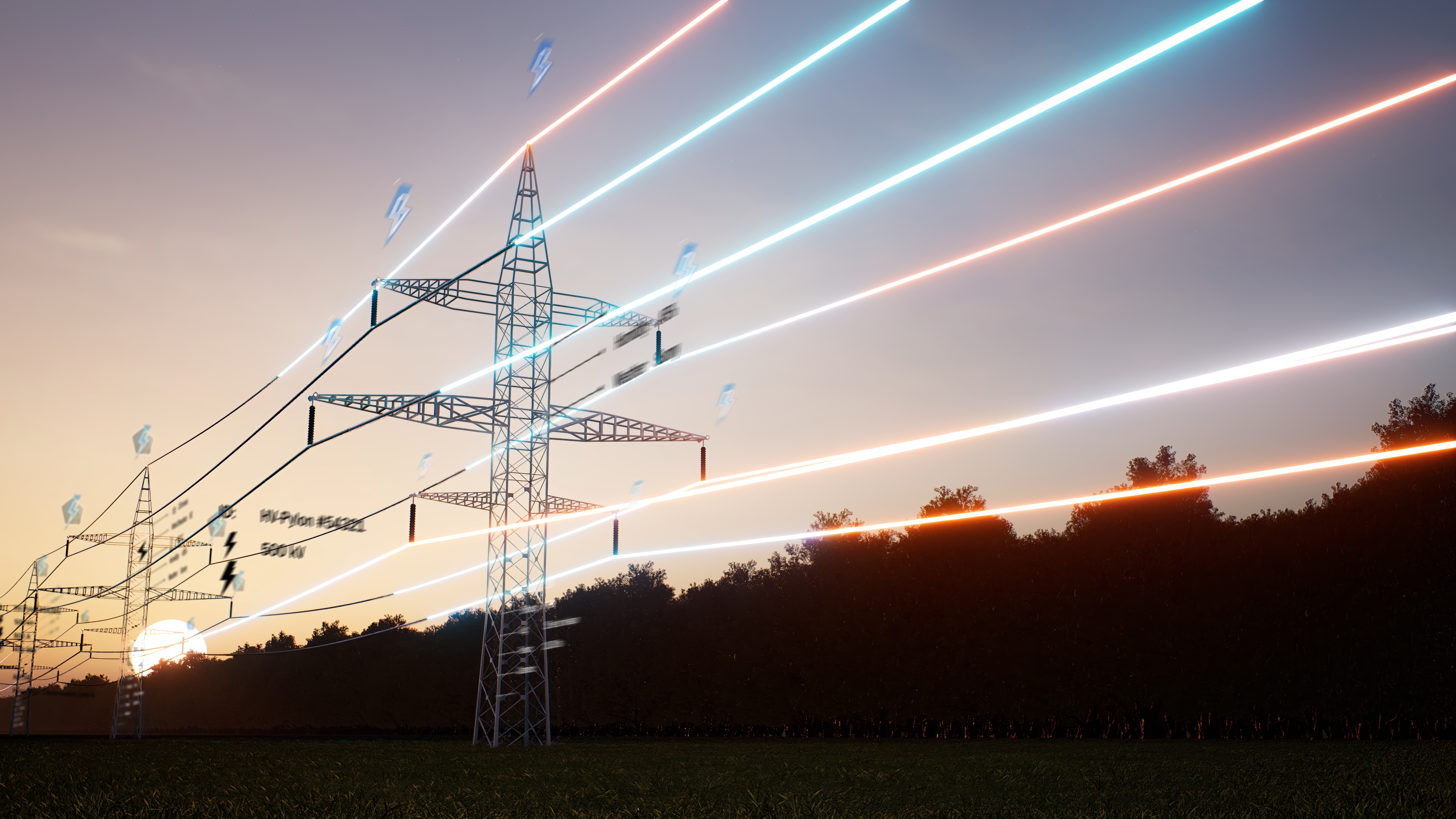 Power grid transmission lines at sunset